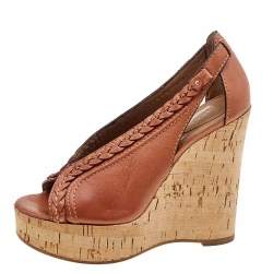 Chloe Brown Leather Braided Detail Cork Platform Wedge Sandals Size 37
