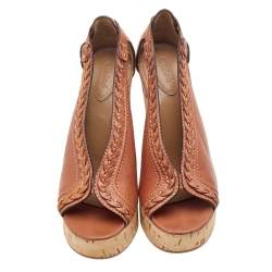 Chloe Brown Leather Braided Detail Cork Platform Wedge Sandals Size 37
