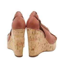 Chloe Brown Leather Braided Detail Cork Platform Wedge Sandals Size 37