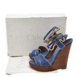 Chloe Blue/Gold Canvas And Leather Trim Wedge Platform Sandals Size 36