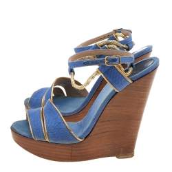 Chloe Blue/Gold Canvas And Leather Trim Wedge Platform Sandals Size 36