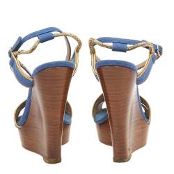 Chloe Blue/Gold Canvas And Leather Trim Wedge Platform Sandals Size 36