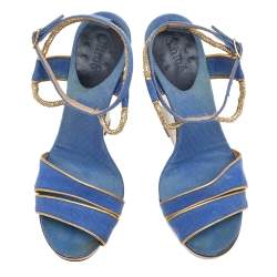 Chloe Blue/Gold Canvas And Leather Trim Wedge Platform Sandals Size 36