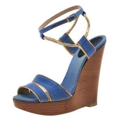 Pre-owned Blue Denim Formentera Ankle Strap Platform Wedge Sandals Size 36