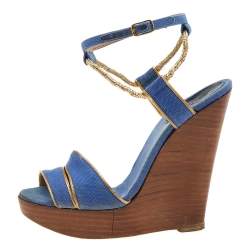 Chloe Blue/Gold Canvas And Leather Trim Wedge Platform Sandals Size 36