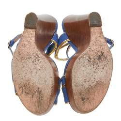 Chloe Blue/Gold Canvas And Leather Trim Wedge Platform Sandals Size 36