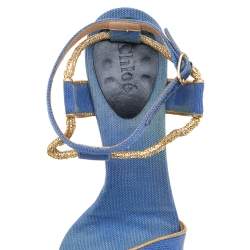 Chloe Blue/Gold Canvas And Leather Trim Wedge Platform Sandals Size 36