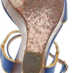 Chloe Blue/Gold Canvas And Leather Trim Wedge Platform Sandals Size 36