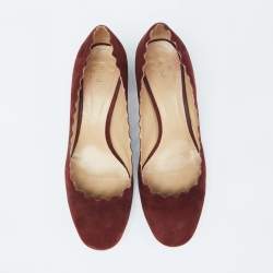 Pre Owned Chloe Burgundy Suede Lauren Scallop Trim Block Heel Pumps Size 40