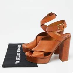 Chloe Brown Leather Platform Ankle-Wrap Sandals Size 39