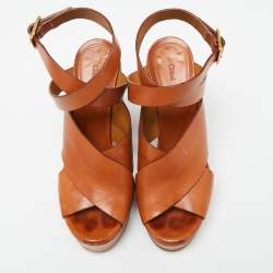 Chloe Brown Leather Platform Ankle-Wrap Sandals Size 39