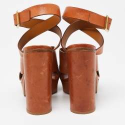 Chloe Brown Leather Platform Ankle-Wrap Sandals Size 39