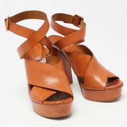 Chloe Brown Leather Platform Ankle-Wrap Sandals Size 39