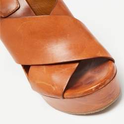 Chloe Brown Leather Platform Ankle-Wrap Sandals Size 39