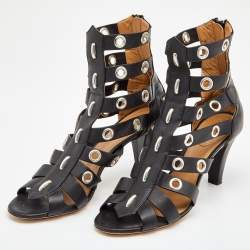 Pre Owned Chloe Black Leather Grommet Cage Sandals Size 38.5