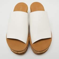Chloe White Leather Cork Wedge  Sandals Size 39.5