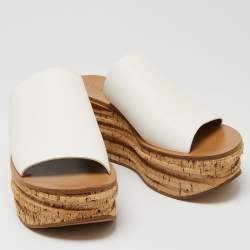 Chloe White Leather Cork Wedge  Sandals Size 39.5