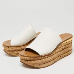 Chloe White Leather Cork Wedge  Sandals Size 39.5
