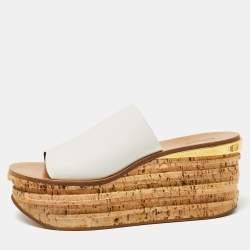 Chloe White Leather Cork Wedge  Sandals Size 39.5