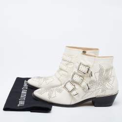 Pre Owned Chloe Cream Studded Leather Ankle Boots Size 37