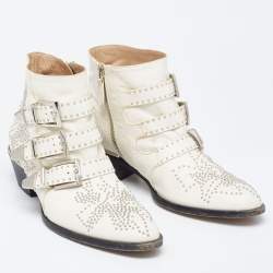 Pre Owned Chloe Cream Studded Leather Ankle Boots Size 37