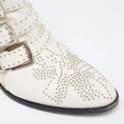 Pre Owned Chloe Cream Studded Leather Ankle Boots Size 37