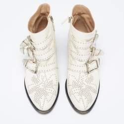 Pre Owned Chloe Cream Studded Leather Ankle Boots Size 37