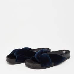 Chloe Blue Velvet Knotted Slip On Flat Slides Size 38