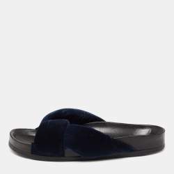 Chloe Blue Velvet Knotted Slip On Flat Slides Size 38
