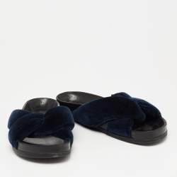 Chloe Blue Velvet Knotted Slip On Flat Slides Size 38