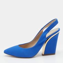Pre Owned Chloé Bright Blue Fabric Slingback Block Heel Sandals Size 39.5