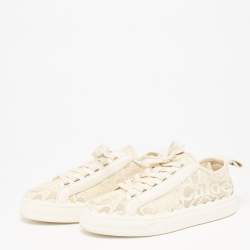 Pre Owned Chloe Cream Lace And Leather Lauren Lace Up Sneakers Size 39