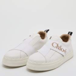 Pre Owned Chloé White Leather Lauren Logo Embroidered Slip On Sneakers Size 39