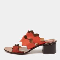 Pre Owned Chloe Sunset Orange Leather and Suede Scalloped Slip On Sandals Size 37 