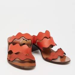 Pre Owned Chloe Sunset Orange Leather and Suede Scalloped Slip On Sandals Size 37 