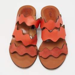 Pre Owned Chloe Sunset Orange Leather and Suede Scalloped Slip On Sandals Size 37 