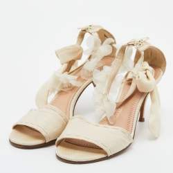 Pre Owned Chloe Beige Fabric Floral Knotted Ankle Cuff Open Toe Sandals Size 39.5