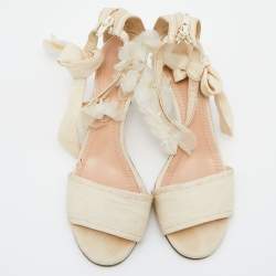 Pre Owned Chloe Beige Fabric Floral Knotted Ankle Cuff Open Toe Sandals Size 39.5