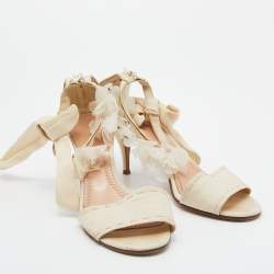 Pre Owned Chloe Beige Fabric Floral Knotted Ankle Cuff Open Toe Sandals Size 39.5