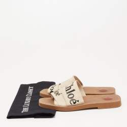 Pre Owned Chloe Off White Canvas Logo Ribbon Woody Flat Sandals Size 38