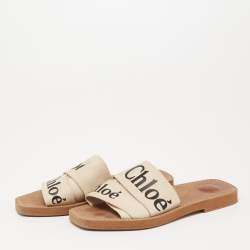 Chloe Off White Canvas Logo Ribbon Woody Flat Sandals Size 38 Chloe | TLC