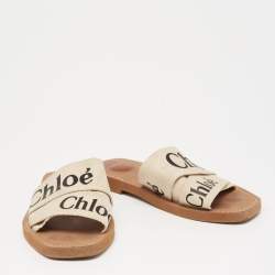 Pre Owned Chloe Off White Canvas Logo Ribbon Woody Flat Sandals Size 38