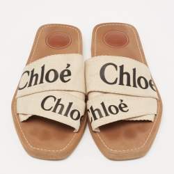 Pre Owned Chloe Off White Canvas Logo Ribbon Woody Flat Sandals Size 38