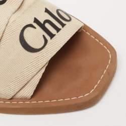 Pre Owned Chloe Off White Canvas Logo Ribbon Woody Flat Sandals Size 38