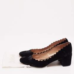 Pre Owned Chloe Black Velvet Lauren Scallop Trim Block Heel Pumps Size 38
