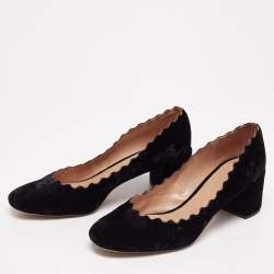 Pre Owned Chloe Black Velvet Lauren Scallop Trim Block Heel Pumps Size 38