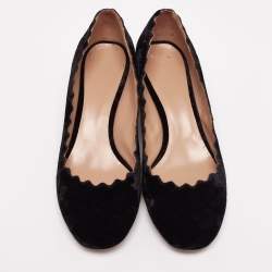 Pre Owned Chloe Black Velvet Lauren Scallop Trim Block Heel Pumps Size 38