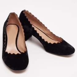 Pre Owned Chloe Black Velvet Lauren Scallop Trim Block Heel Pumps Size 38