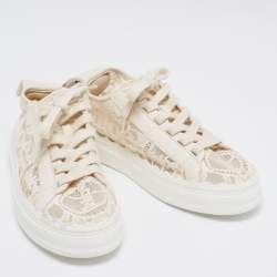 Pre Owned Chloe Cream Lace And Leather Lauren Lace Up Sneakers Size 37