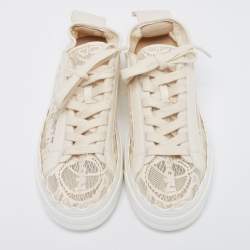 Pre Owned Chloe Cream Lace And Leather Lauren Lace Up Sneakers Size 37